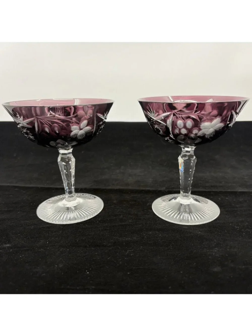 Vintage Ajka Marsala Amethyst Cut to Clear Sherbet Champagne Coupe Set of 2 4.75